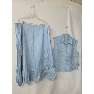 J Song Way Linen Skirt Set Women 18 Light Blue Pleated Sleeveless Button Top Vtg
